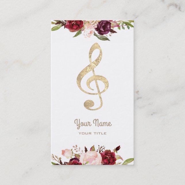music faux gold foil treble clef and flowers business card (Front)