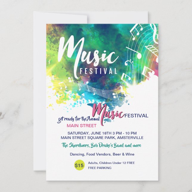 Music Festival Watercolor Announcement/Invitations Invitation (Front)
