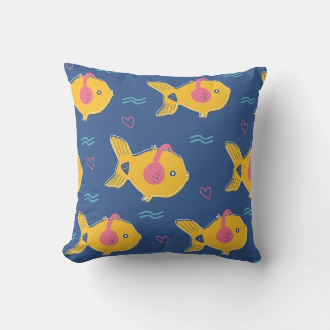 Music Fishes: Cartoon Vintage Pattern. Cushion (Front)