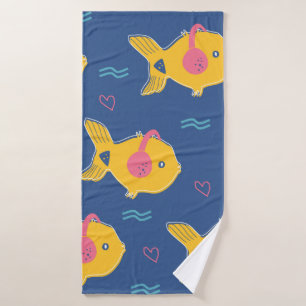 Music fishes cartoon vintage seamless pattern bath towel