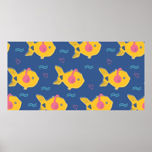 Music fishes cartoon vintage seamless pattern poster