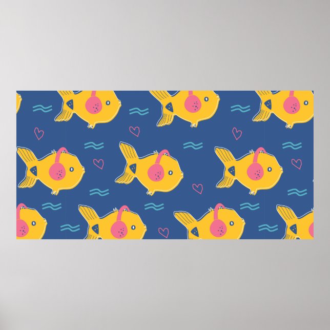 Music fishes cartoon vintage seamless pattern poster (Front)