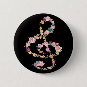 music floral treble clef on black 6 cm round badge