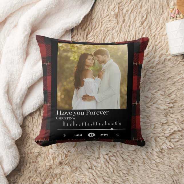Music Frame Couple Photo Red Plaid  Name & Title  Cushion (Blanket)