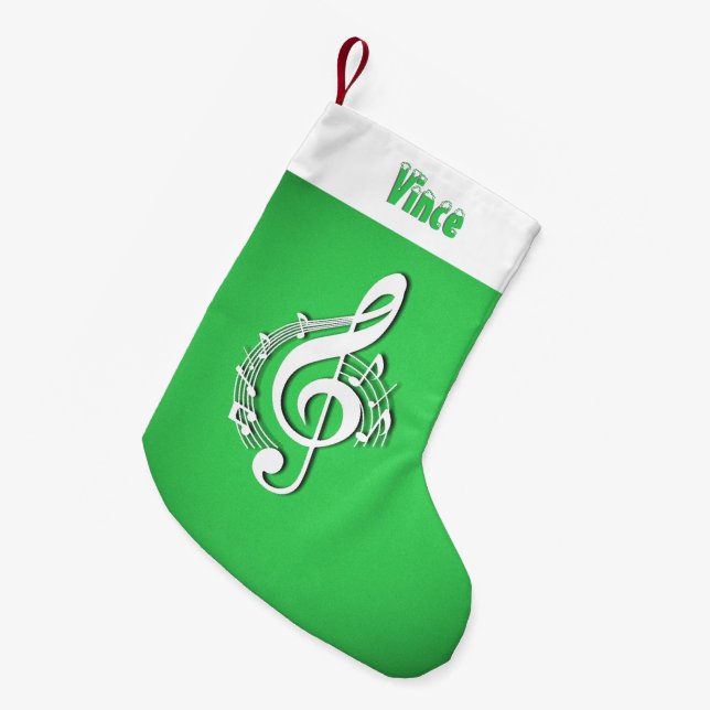 Music G Clef Personalised Name Green Small Christmas Stocking (Front (Hanging))