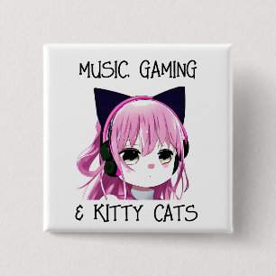 Music Gaming and Kitty Cat Anime Girl 15 Cm Square Badge