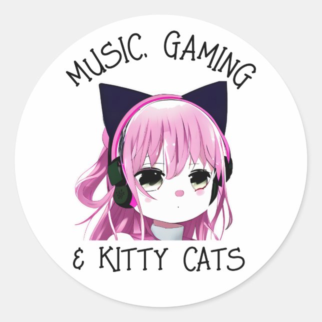 Music, Gaming and Kitty Cat Anime Girl Classic Round Sticker (Front)