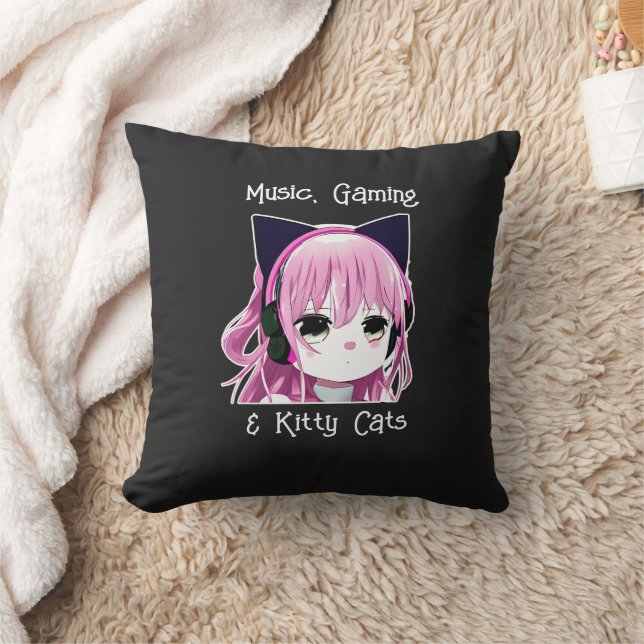Music, Gaming and Kitty Cats | Anime Girl Cushion (Blanket)