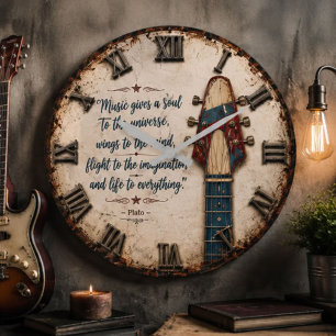 Music Gives a Soul Vintage Guitar Headstock Quote  Large Clock