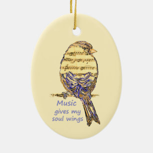 Music Gives my Soul Wings Quote & Bird Art Ceramic Tree Decoration