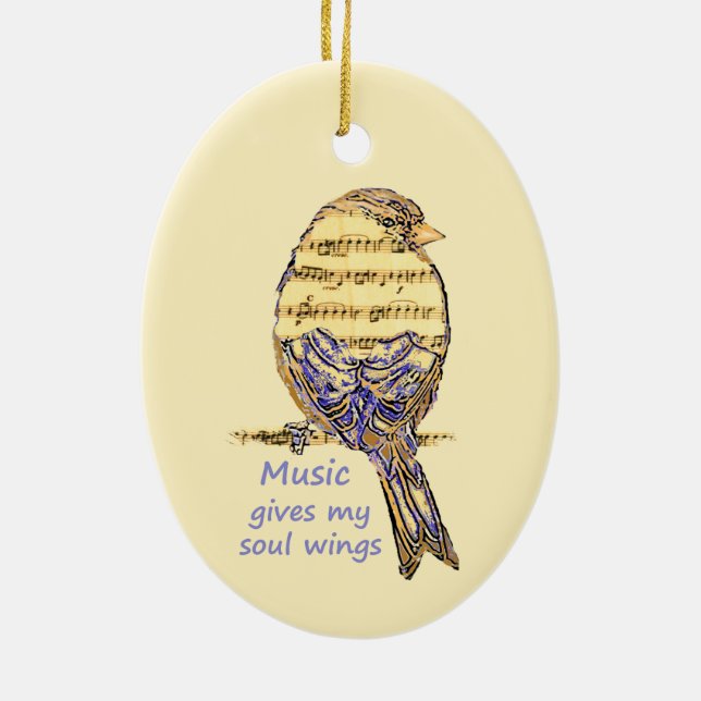 Music Gives my Soul Wings Quote & Bird Art Ceramic Tree Decoration (Back)