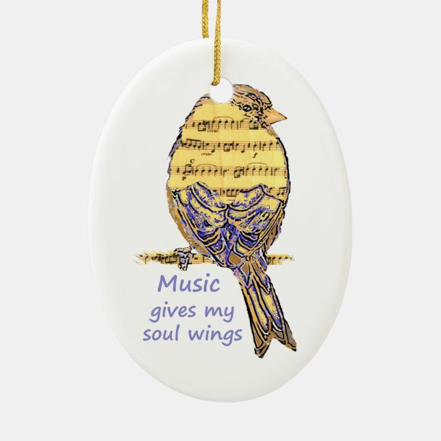 Music Gives my Soul Wings Quote & Bird Art Ceramic Tree Decoration (Back)