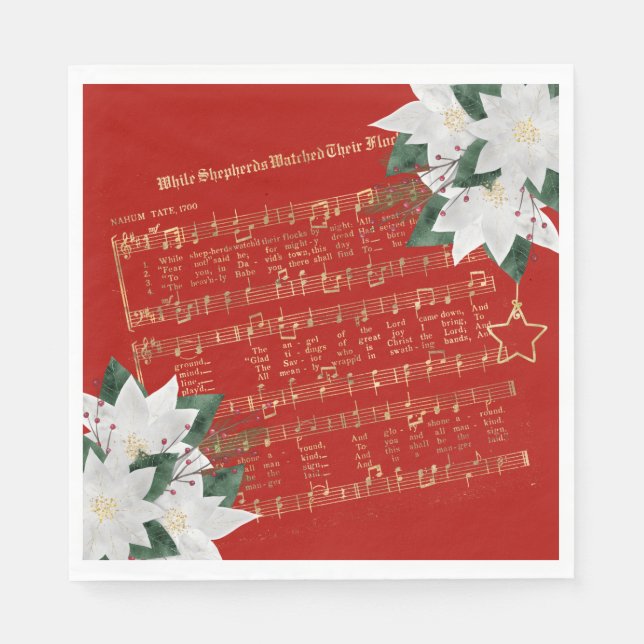 Music Gold White Poinsettia Hymn Christmas Napkin (Front)