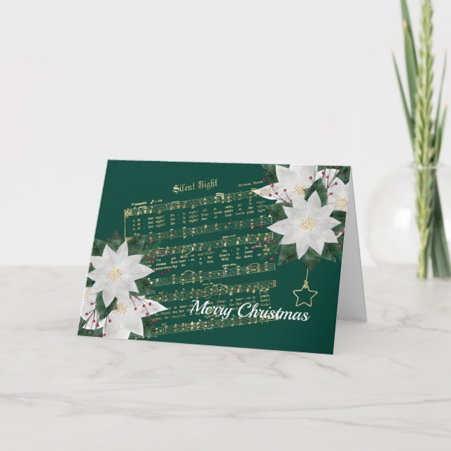 Music Gold White Poinsettia Silent Night Christmas Holiday Card (Front)