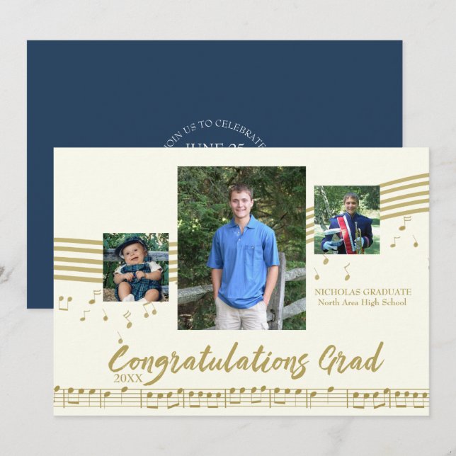 Music Graduate Photo Ivory and Gold Invitation (Front/Back)