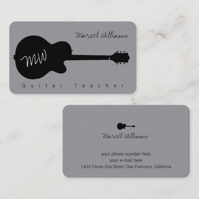 Music Gray Business Card with blk. Guitar (Front/Back)