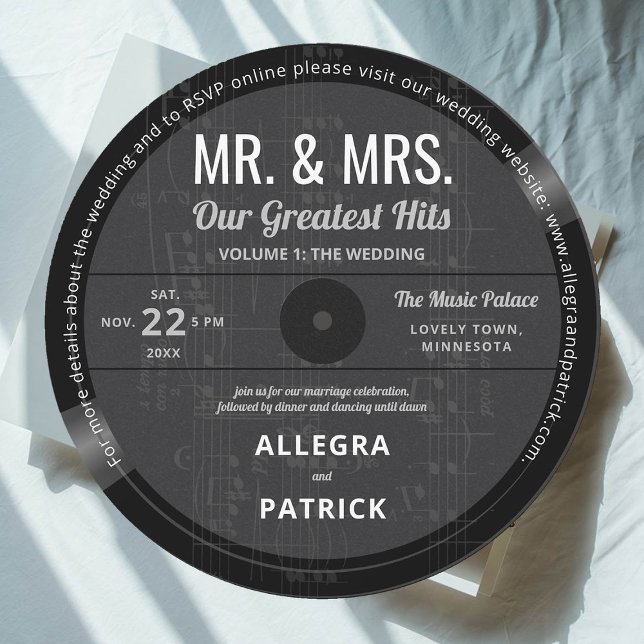 Music Greatest Hits Retro Vintage Black Wedding Invitation (music wedding invitation vinyl record vintage retro mr mrs greatest hits fall black white)