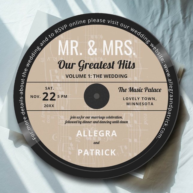 Music Greatest Hits Retro Vintage Ecru Wedding Invitation (music wedding invitation vinyl record vintage retro black white ecru mr mrs greatest hits casual)