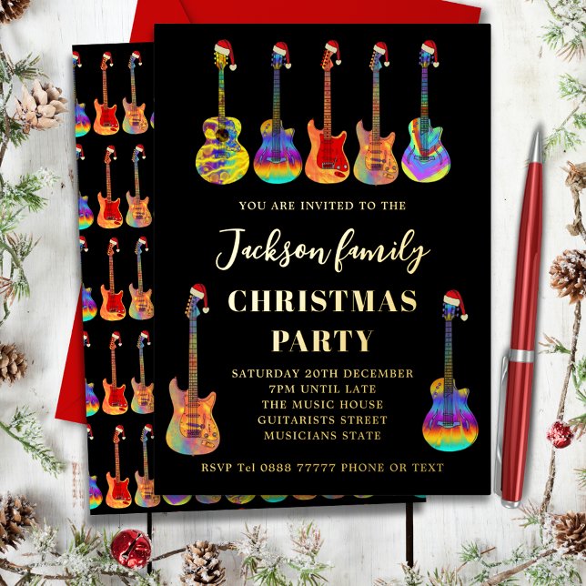 Music Guitar Christmas Party Black and Gold Foil Holiday Card (Music themed colorful guitar christmas party black and gold foil invitation )