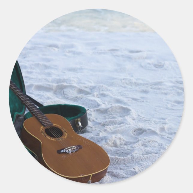 Music Guitar Love Sea Lonely Beach Classic Round Sticker (Front)