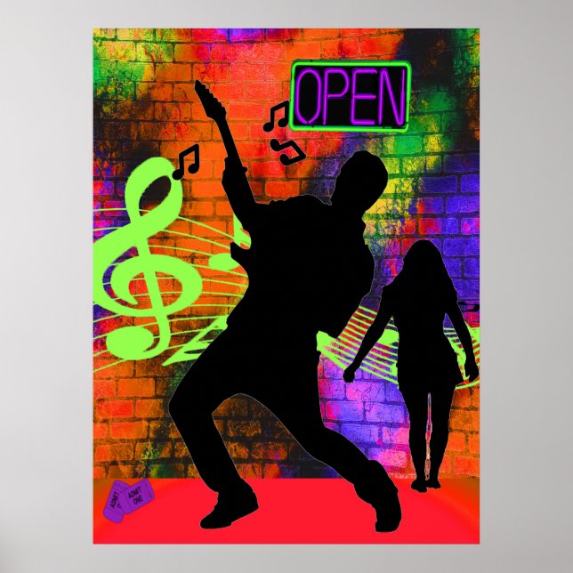 Music Guitar Man and Girl Neon Colours Poster (Front)