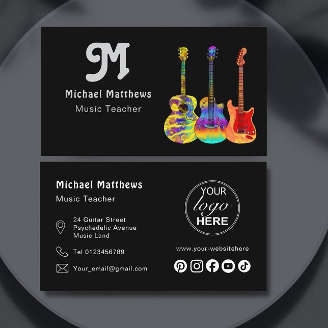 Music Guitar Teacher Logo and Social Media Custom Business Card (Music guitar teacher custom logo social media business card)