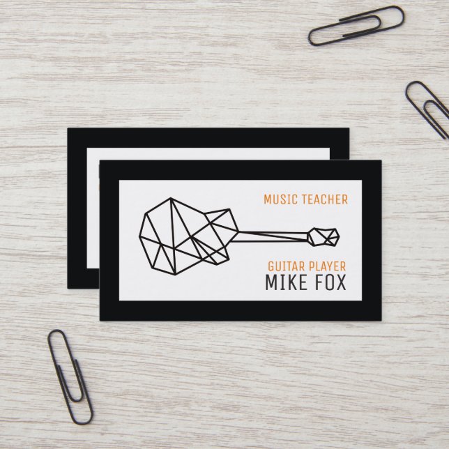 music guitar teacher, professional black white business card (Front/Back In Situ)