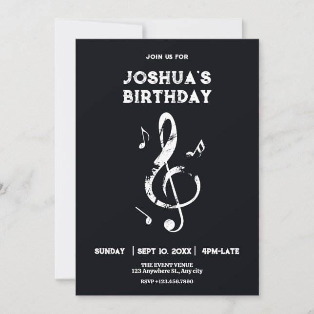 Music harmony black and white birthday invitation (Front)