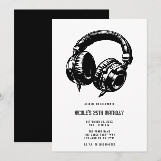 Music Headphones Dance Party DJ Birthday Party Invitation (Front/Back)