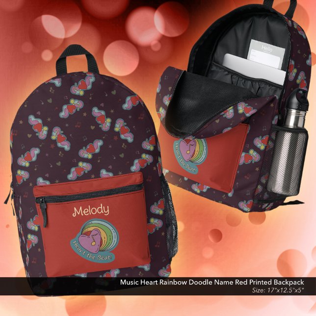 Music Heart Rainbow Doodle Name Red Printed Backpack (Heart the Beat Rainbow Doodle  Design Backpack: Personalized with Owner's Name - Red Accent Color)