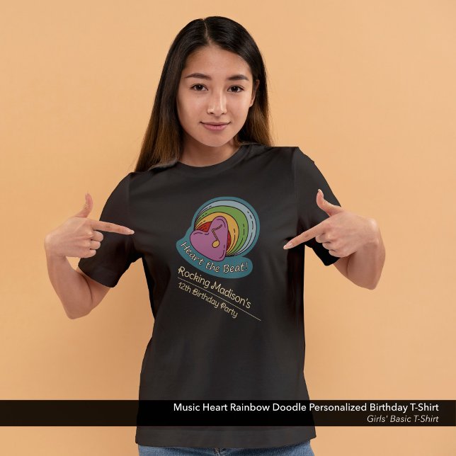 Music Heart Rainbow Doodle Personalised Birthday T-Shirt (Music,  Heart, and Rainbow Doodle Art Birthday T-shirt Customized with Your Name.)