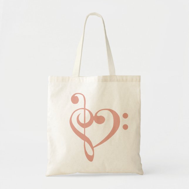 Music Heart Treble Bass Clef Heart - Coral Pink Tote Bag (Front)