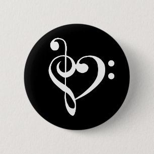 Music Heart Treble Bass Clef Heart - Plain White 6 Cm Round Badge