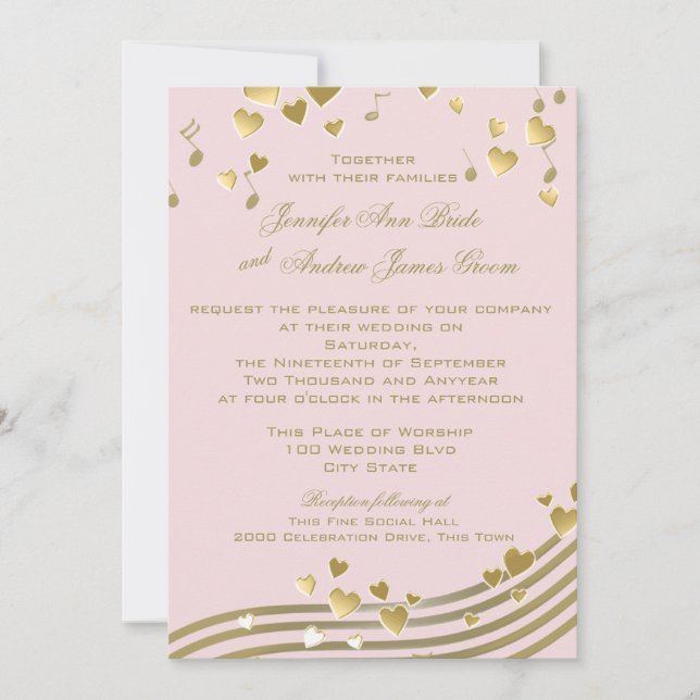 Music Hearts Pink and Gold Invitation (Front)
