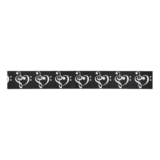 Music Hearts White on Black Grosgrain Ribbon (Front)