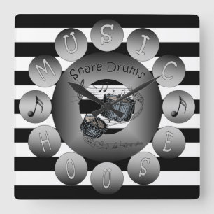 Music House Clock~Snare Drums~Spiral Scale~Stripes Square Wall Clock