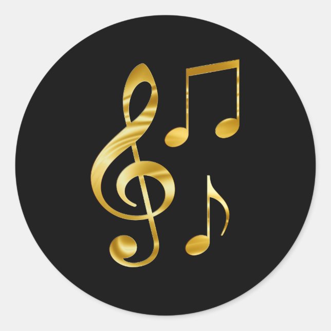 Music icons, gold on black classic round sticker (Front)