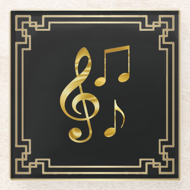 Music icons, gold on black, glass coaster (Front)