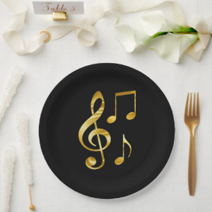 Music icons, gold on black, paper plate