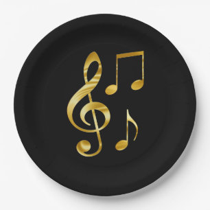 Music icons, gold on black, paper plate