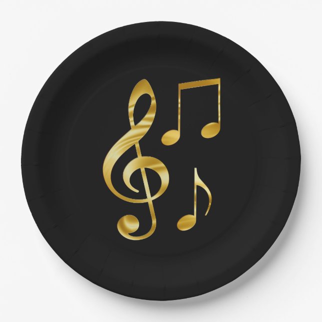 Music icons, gold on black, paper plate (Front)