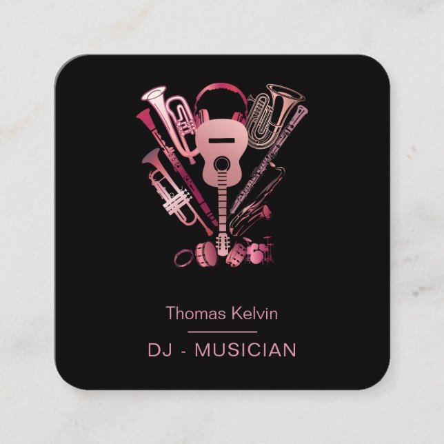  Music Instruments Event Organiser DJs Rose gold Square Business Card (Front)