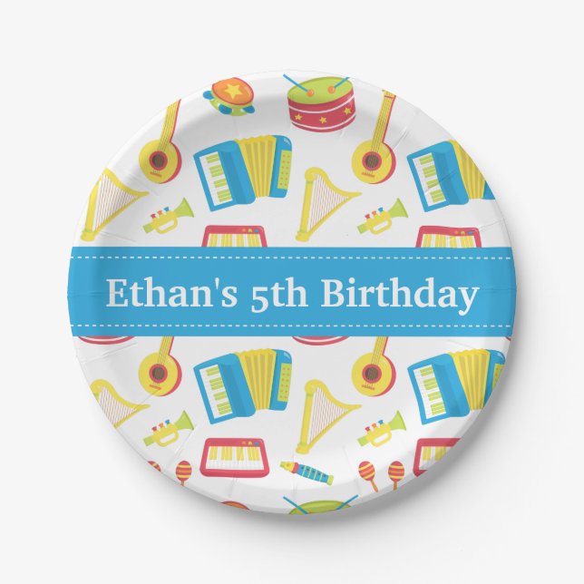 Music Instruments Kids Birthday Party Blue Banner Paper Plate (Front)