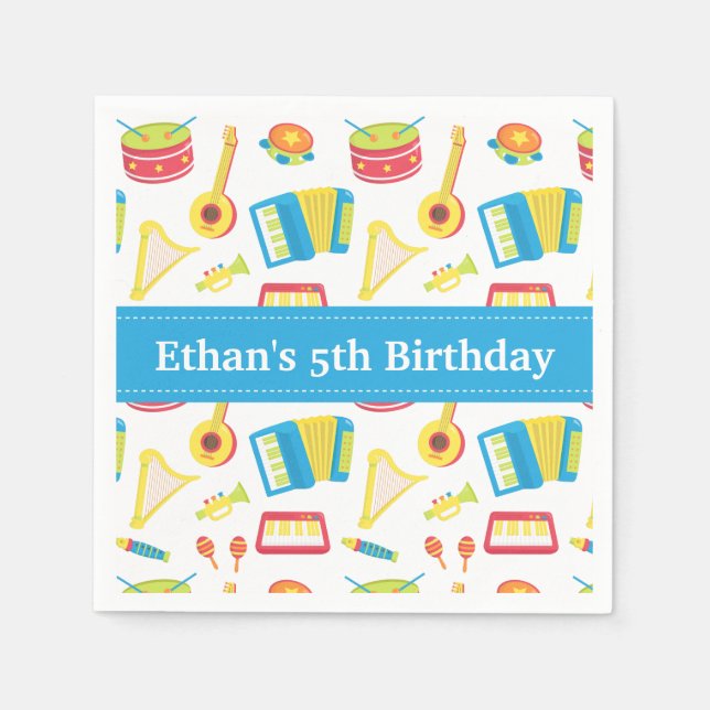 Music Instruments Kids Birthday Party Blue Custom Napkin (Front)