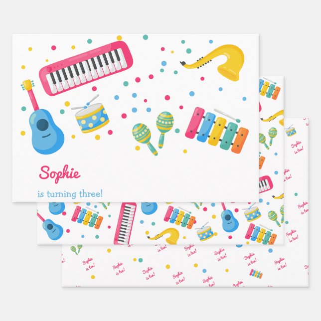 Music instruments kids birthday wrapping paper sheet (Set)