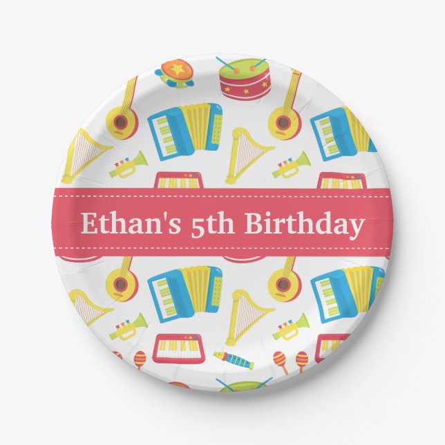 Music Instruments Pattern Kids Birthday Party Paper Plate (Front)