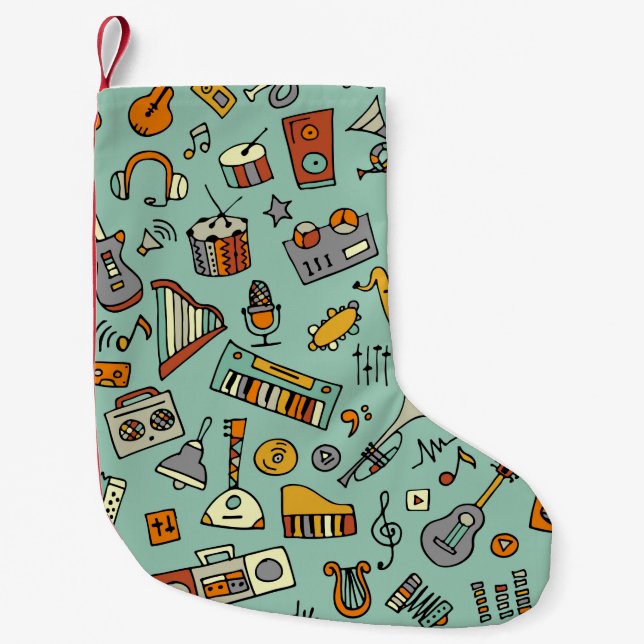 Music instruments sketch,seamless pattern small christmas stocking (Front)