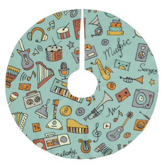 Music instruments, vintage sketch pattern. brushed polyester tree skirt