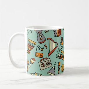 Music instruments, vintage sketch pattern. coffee mug