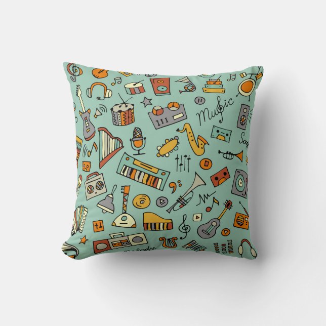 Music instruments, vintage sketch pattern. cushion (Front)